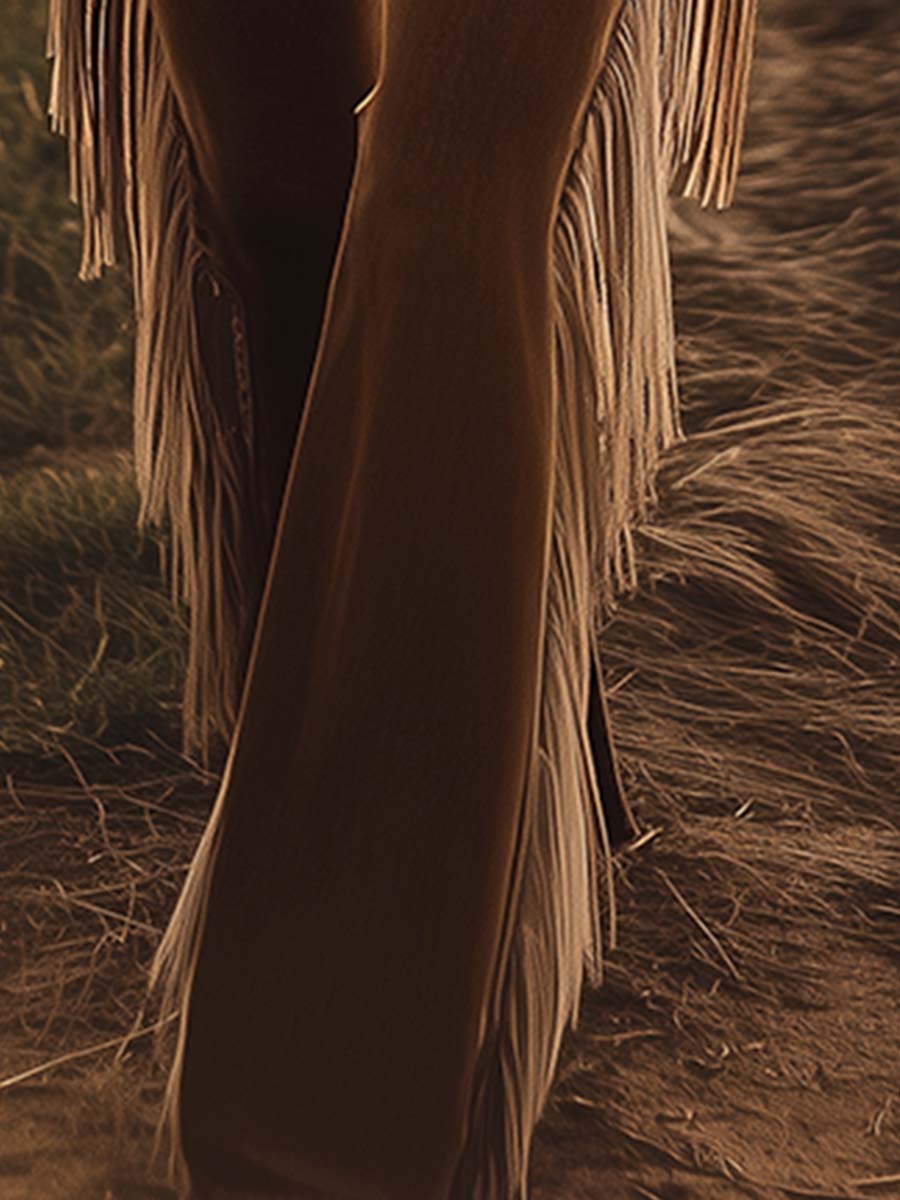 Vintage Western Brown Fringe Flared Jeans