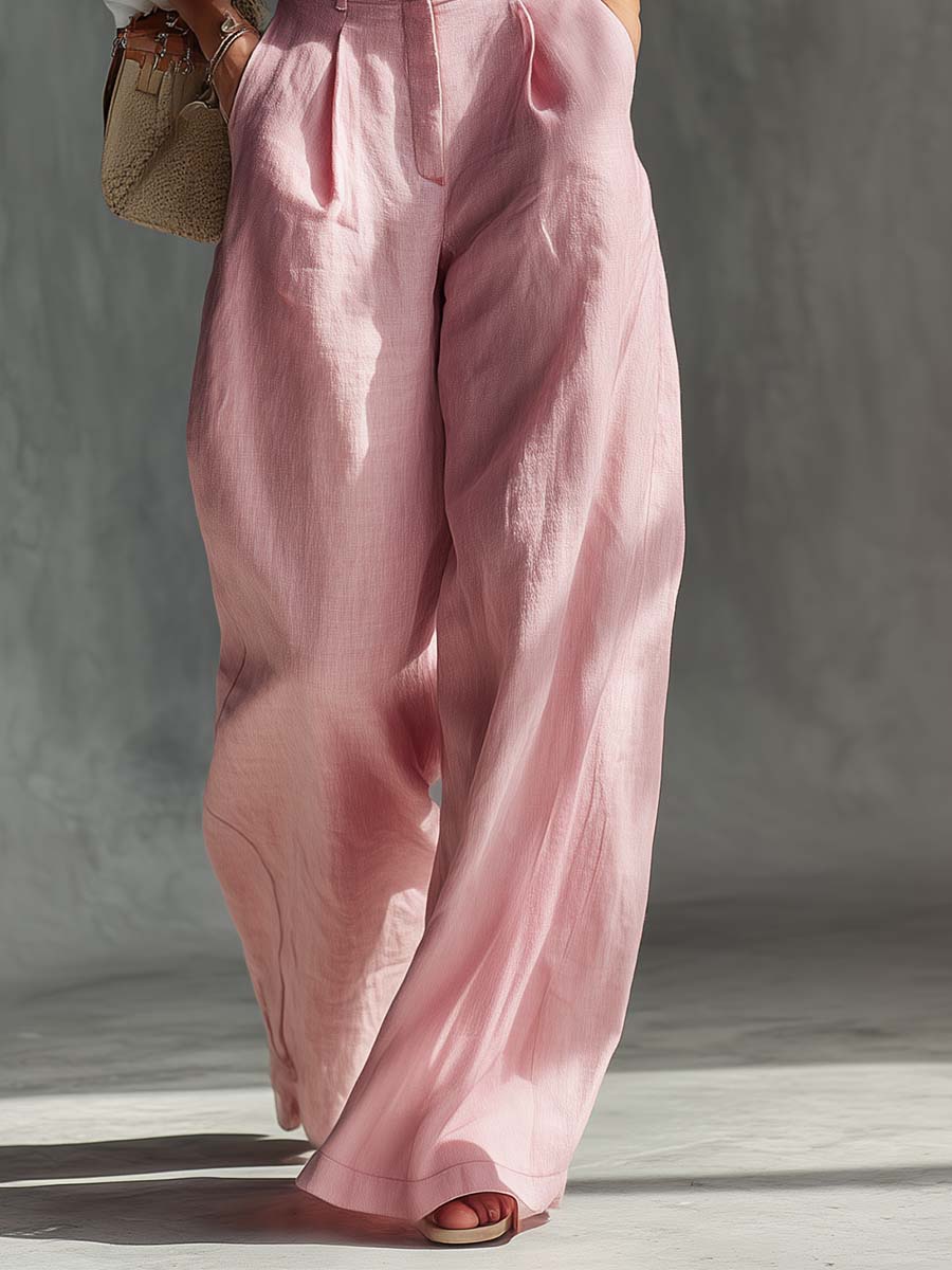 Elegant Vintage Versatile Pink Cotton And Linen Wide-leg Pants Overalls