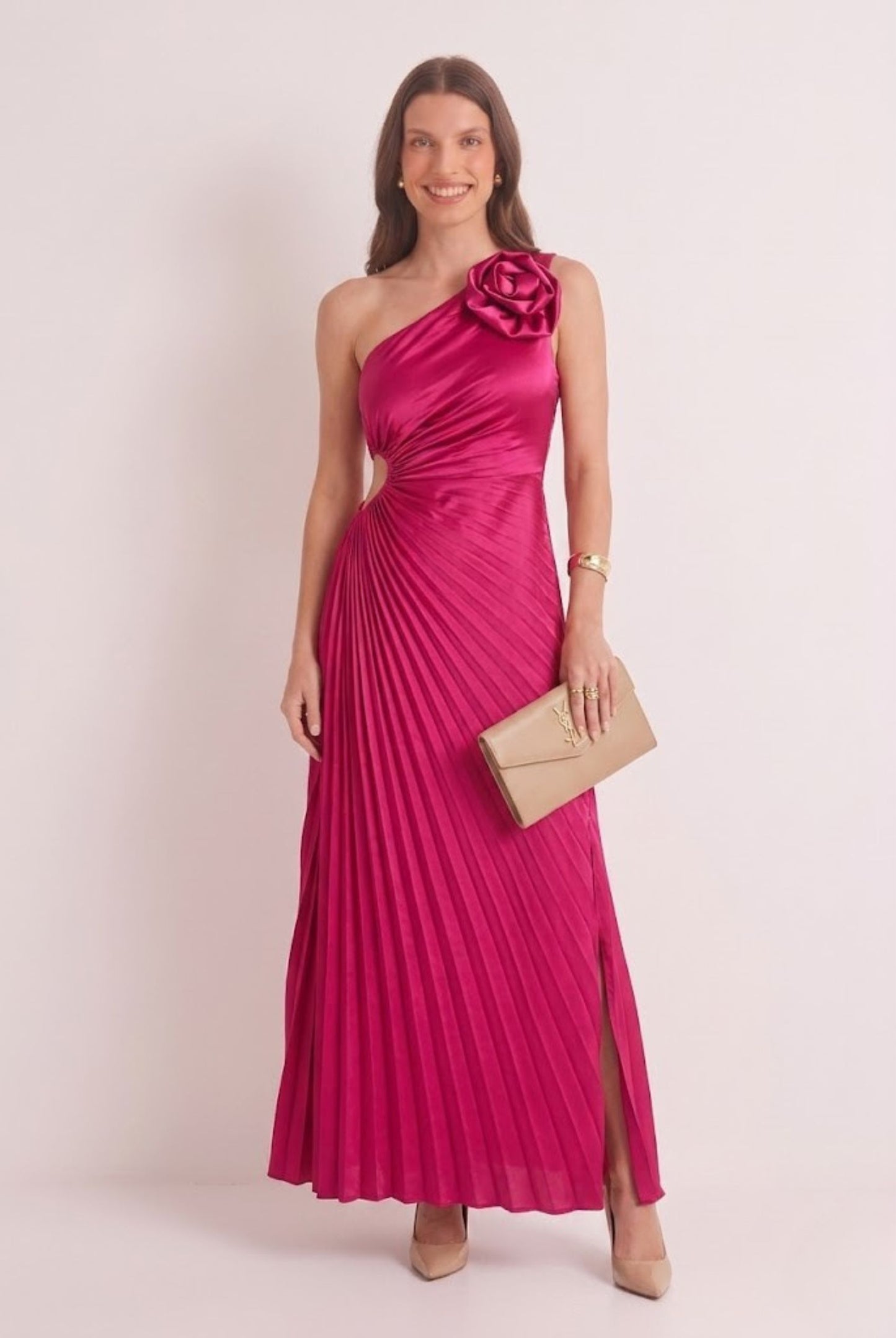 Robe de Soirée Longue Asymétrique Plissée Rose Fuchsia