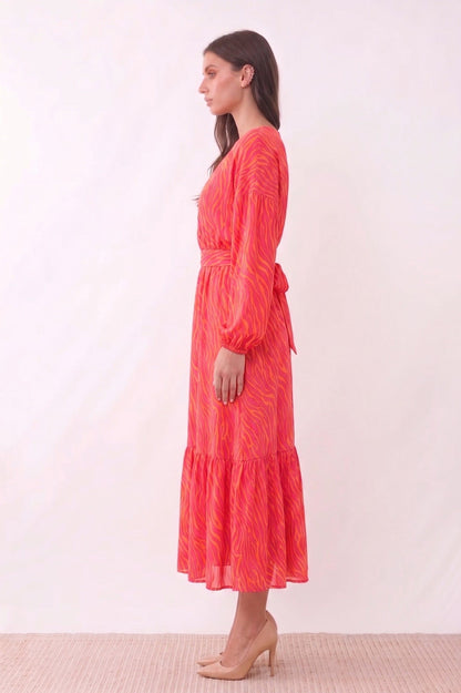 Robe Midi Cache-Cœur "Zèbre Vibrant" – Rose & Orange