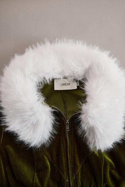 Fashion Retro Rose Red Velvet Faux Fur Collar Long Sleeve Flared Jumpsuit