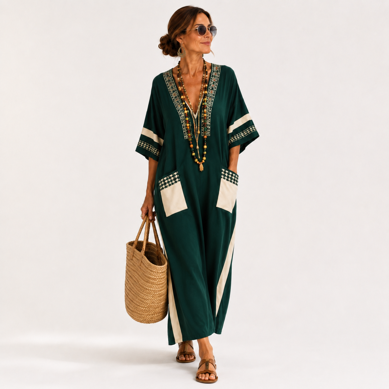 Noor | Kaftan Vert à Imprimé Ethnique