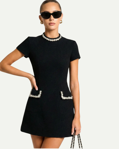 Colette | Sukienka Mini z Ozdobnymi Kryształami w Stylu Tweedowym