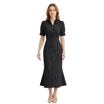 Robe Longue Évasée à Manches Courtes et Boutonnage pour Femmes