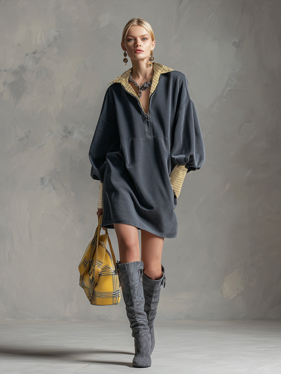 Casual Sporty Plaid Trim Gray Washed Cotton Sweatshirt Mini Dress