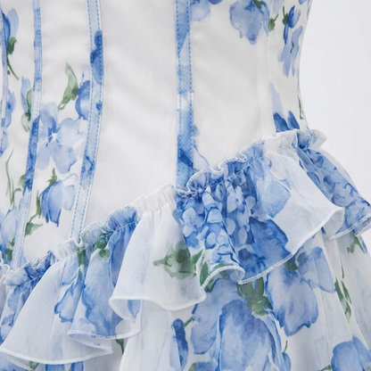 Robe Longue Fleurie à Volants avec Bustier Corset et Fines Bretelles