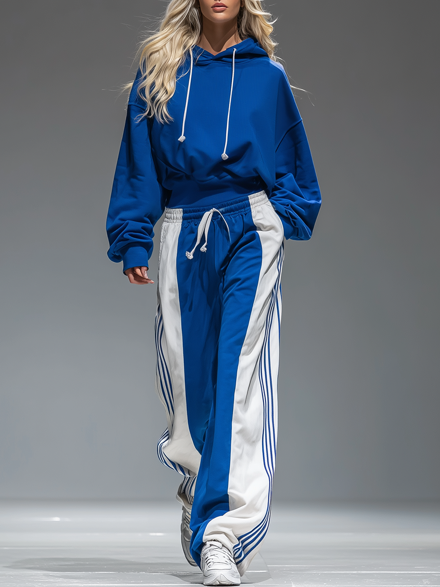 Retro Sporty Hoodie And Striped Wide-leg Pants Set