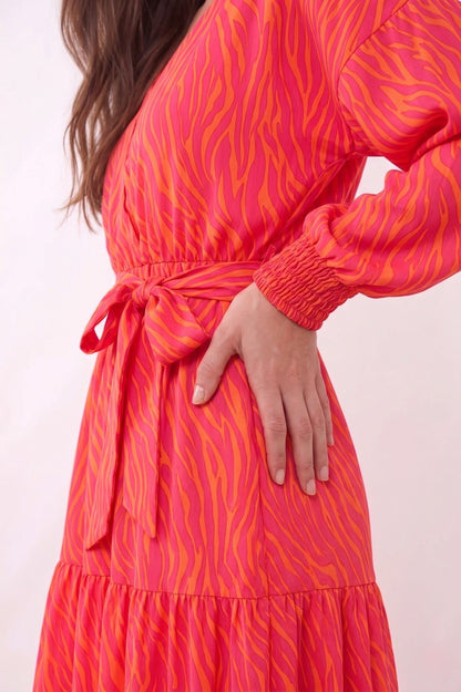 Robe Midi Cache-Cœur "Zèbre Vibrant" – Rose & Orange
