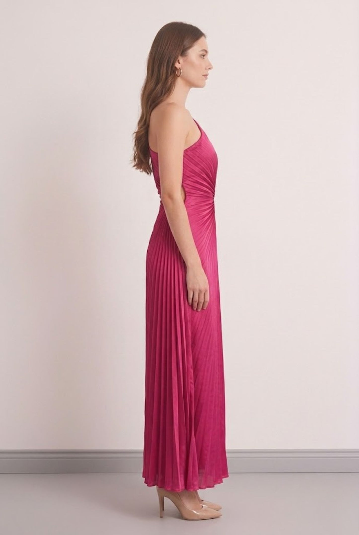 Robe de Soirée Longue Asymétrique Plissée Rose Fuchsia