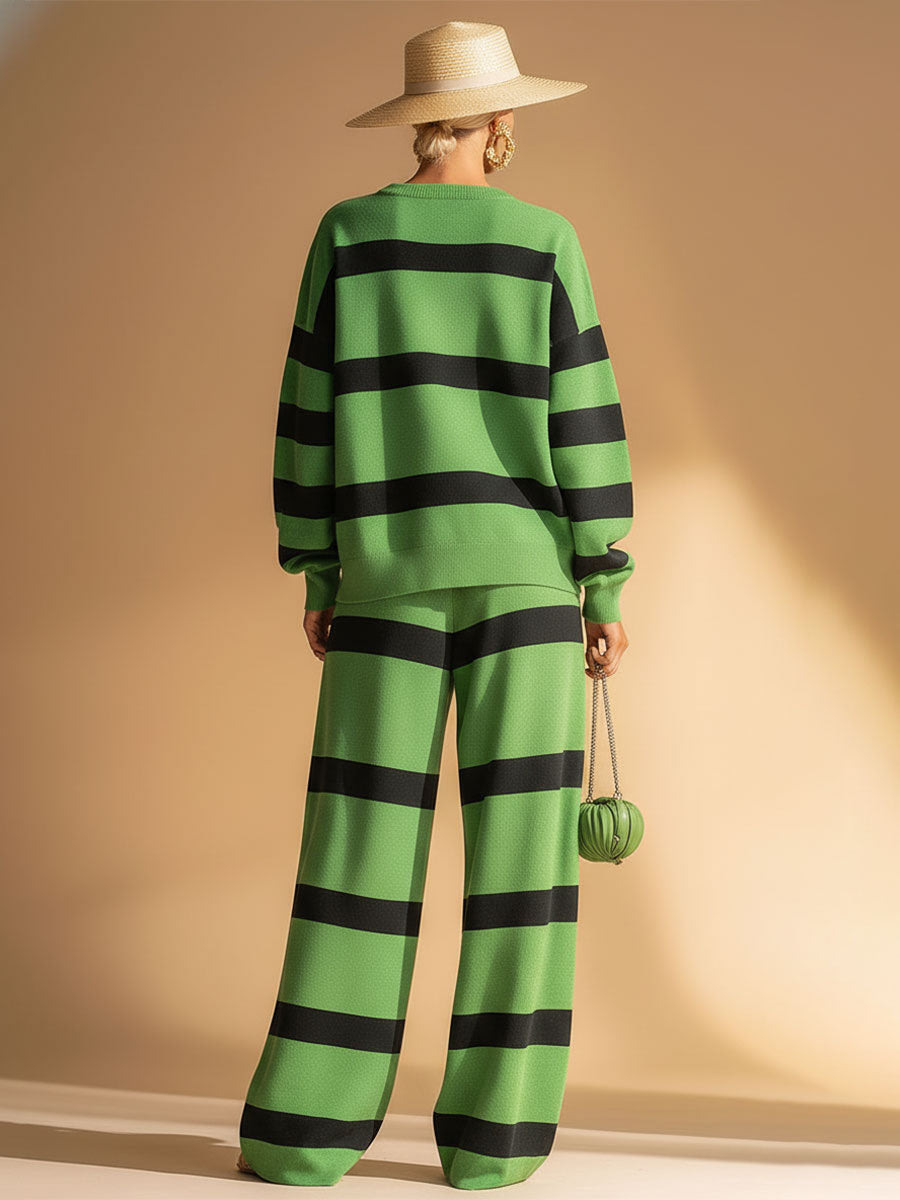 Casual Sports Green And Black Striped Sweatshirt And Pants Set