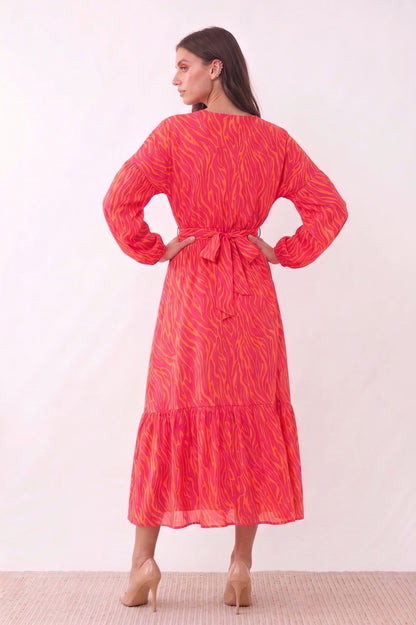 Robe Midi Cache-Cœur "Zèbre Vibrant" – Rose & Orange