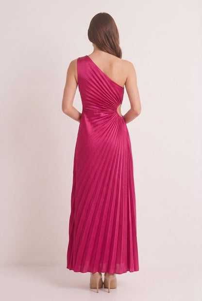 Robe de Soirée Longue Asymétrique Plissée Rose Fuchsia