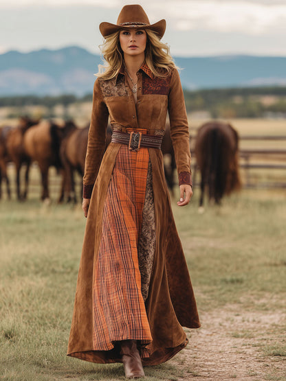 Western Retro Lace-Up Plaid Patchwork Caramel Faux Suede Maxi Dress 