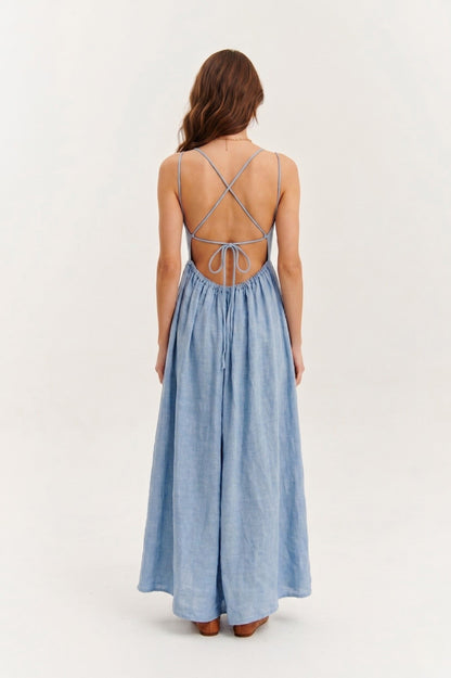 Robe Maxi "Azur" en Lin Mélangé – Dos Nu Croisé Sophistiqué