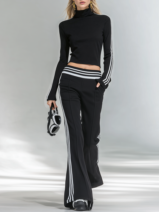 Sporty And Stylish Stand-up Collar T-shirt And Flared Pants Set