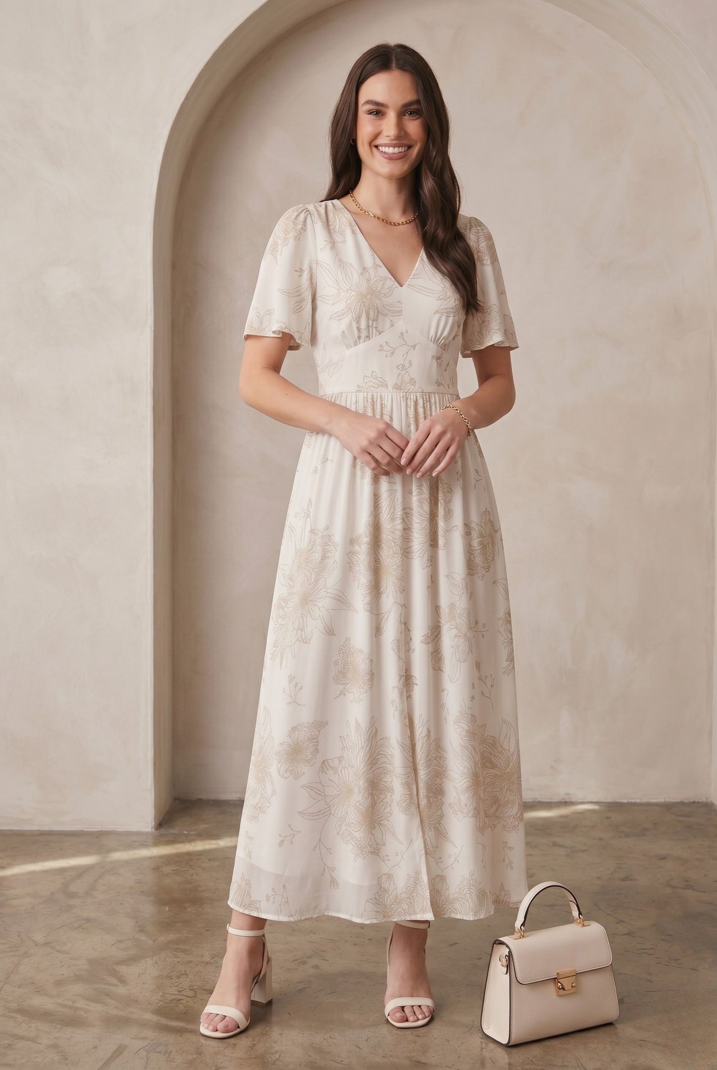 Robe Longue Élégante Écru à Motif Floral Doré et Manches Papillon