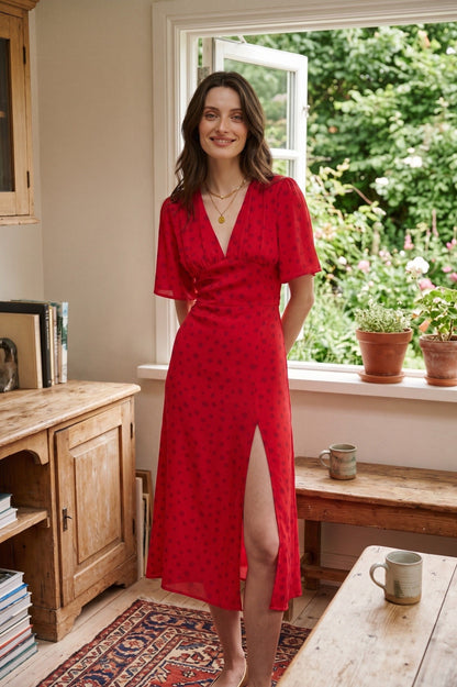 Robe Midi "Romance" à Pois – Rouge Cerise