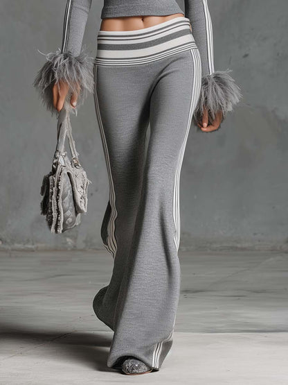 Retro Fashion Sporty Gray Knitted Feather Cuffs High-neck Top And Slim-fit Flared Pants Suit