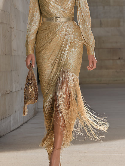 Chic And Sophisticated V-neck Tassel Champagne Shimmering Maxi Dress