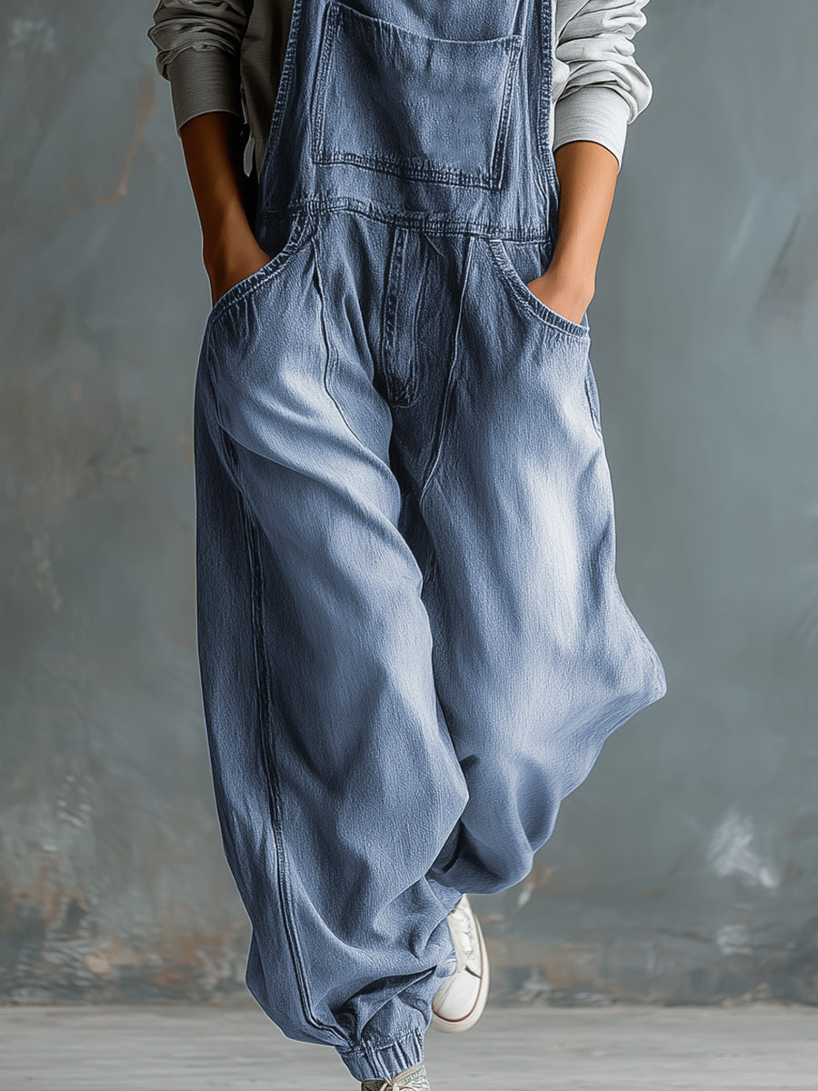 Casual Retro Washed Denim Blue Pocket Overalls