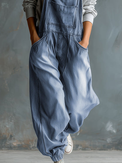 Casual Retro Washed Denim Blue Pocket Overalls
