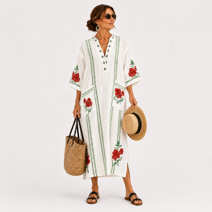 Rosa | Caftan Blanc à Imprimé Roses