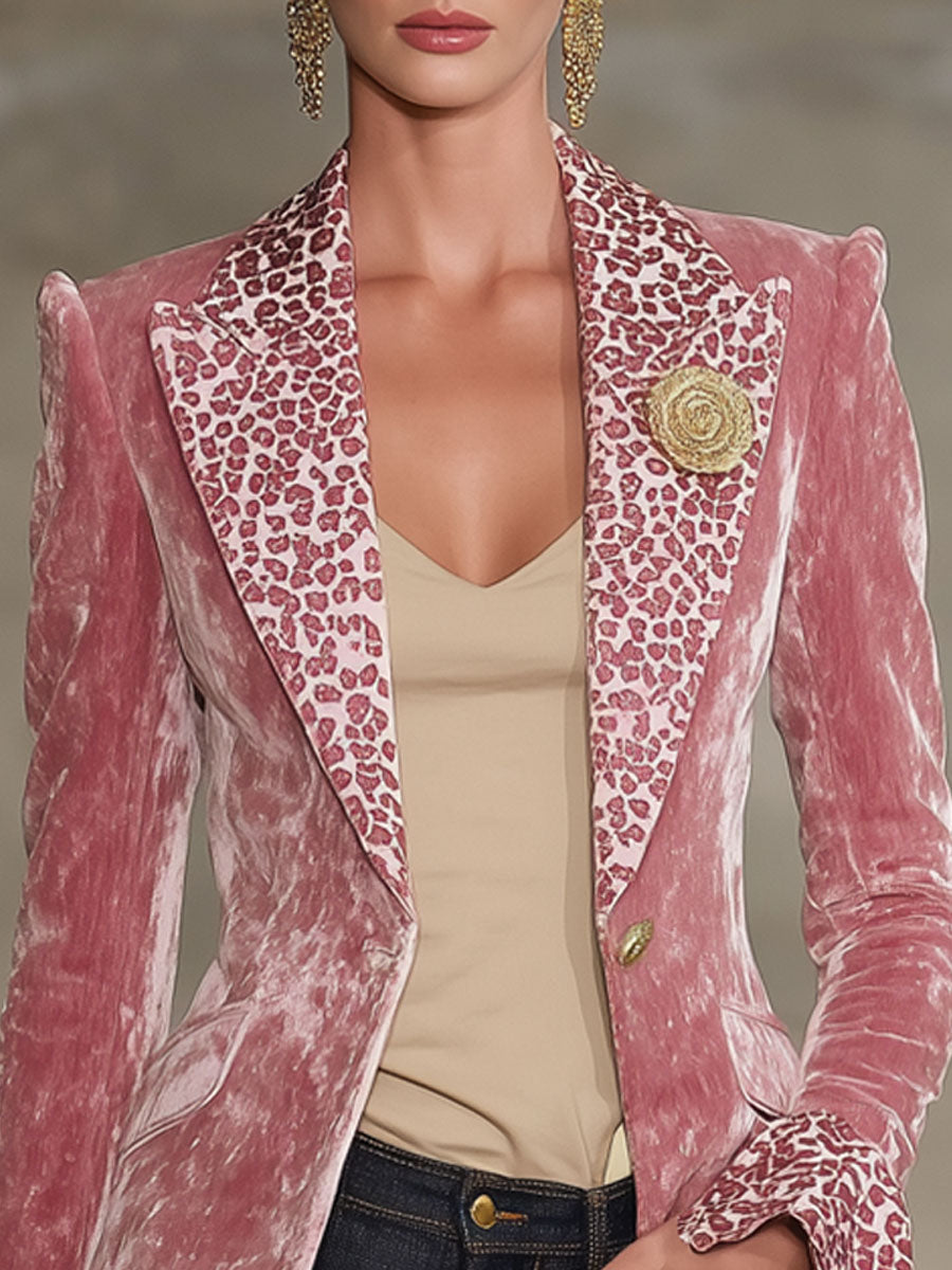 Lapel Contrast Leopard Print Velvet Blazer 