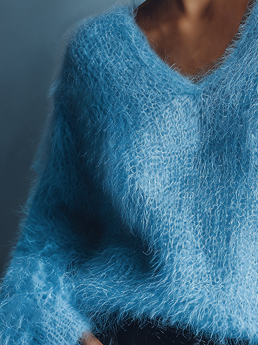Casual Loose Light Blue V-neck Long Wool Knitted Sweater