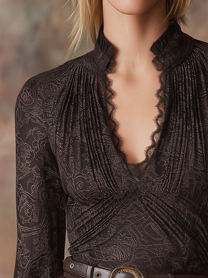 Elegant V-neck Lace Print Mocha Brown Long-sleeved Shirt