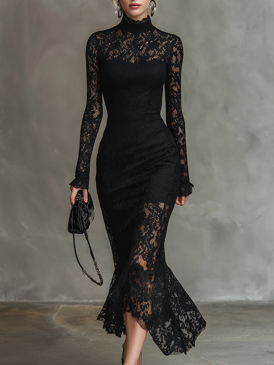 Elegant Party Black Stretch Lace Fishtail Maxi Dress