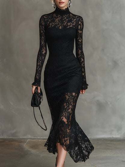 Elegant Party Black Stretch Lace Fishtail Maxi Dress