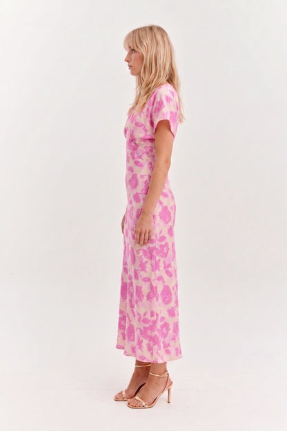 Robe Midi Satinée "Rosa Flor" – Imprimé Floral Rose & Crème