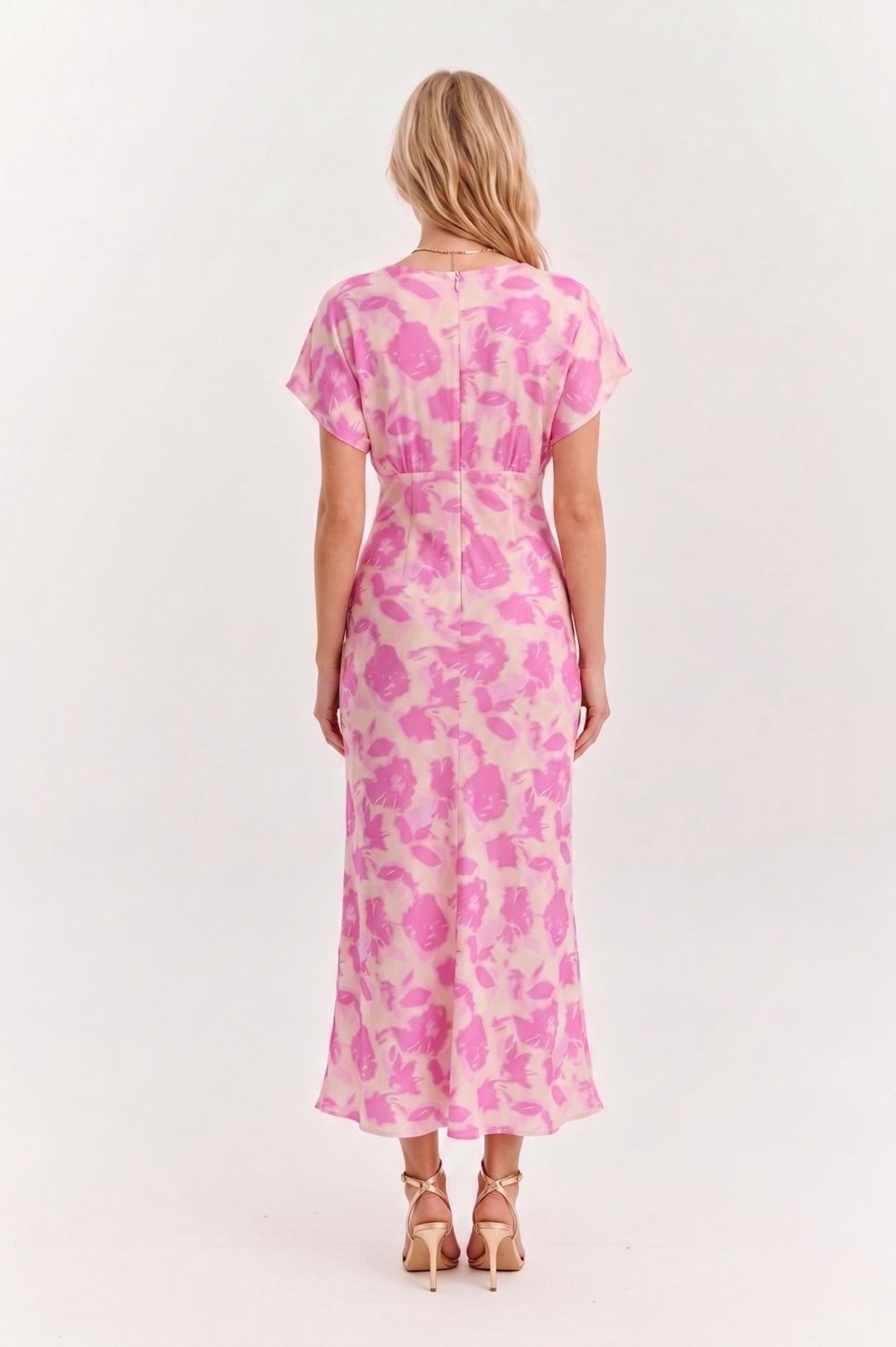 Robe Midi Satinée "Rosa Flor" – Imprimé Floral Rose & Crème