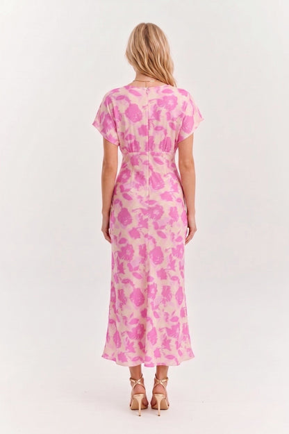 Robe Midi Satinée "Rosa Flor" – Imprimé Floral Rose & Crème
