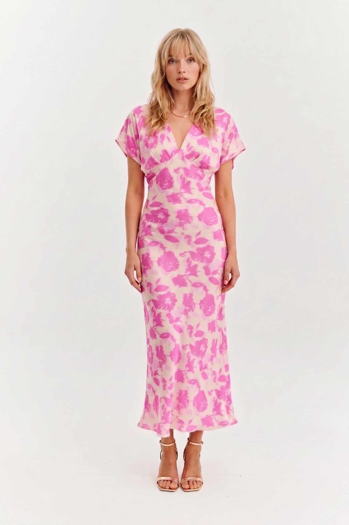 Robe Midi Satinée "Rosa Flor" – Imprimé Floral Rose & Crème
