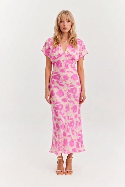Robe Midi Satinée "Rosa Flor" – Imprimé Floral Rose & Crème