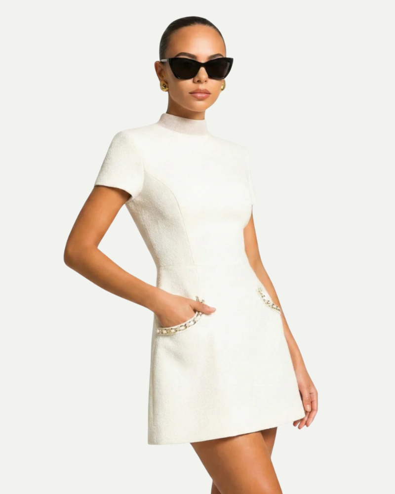 Colette | Sukienka Mini z Ozdobnymi Kryształami w Stylu Tweedowym