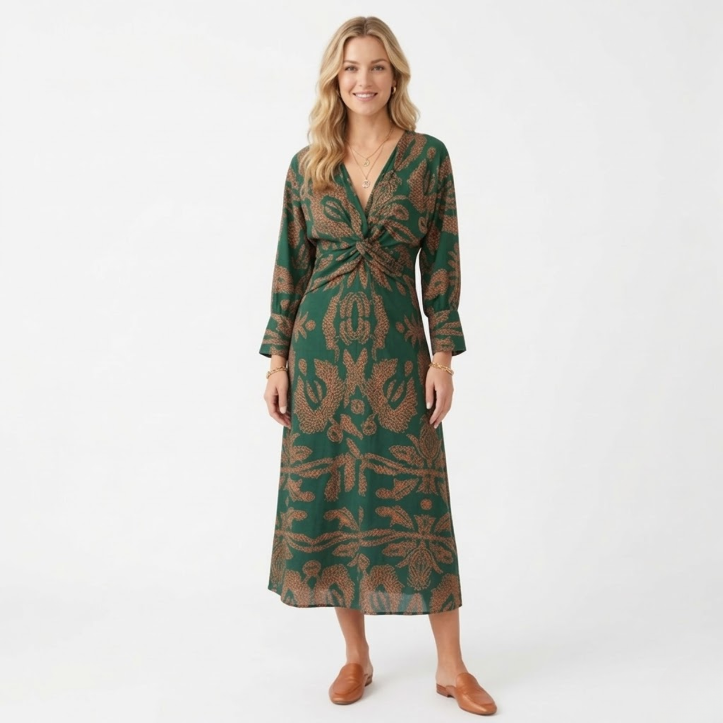Robe Midi à Manches Longues avec Noeud Frontal et Imprimé pour Femmes