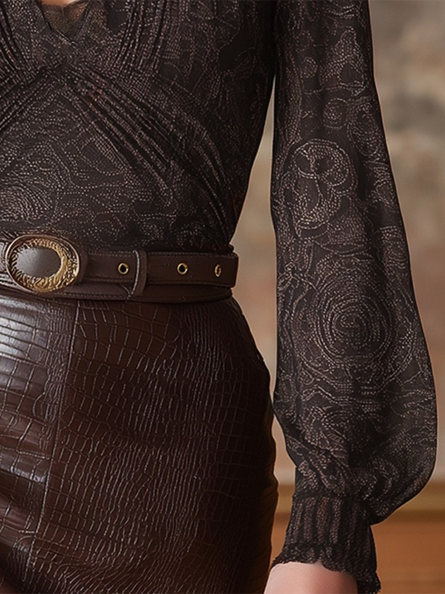 Elegant V-neck Lace Print Mocha Brown Long-sleeved Shirt