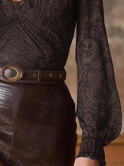 Elegant V-neck Lace Print Mocha Brown Long-sleeved Shirt