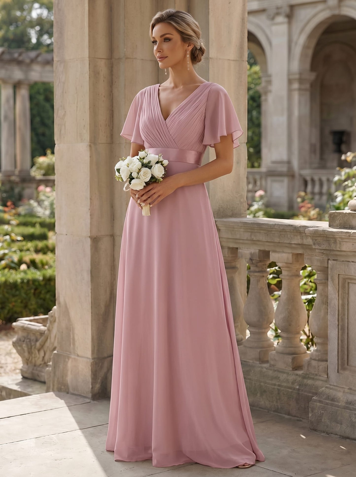 ever MONICA|Long Empire Waist Bridesmaid Dress with Short Flutter Sleeves
