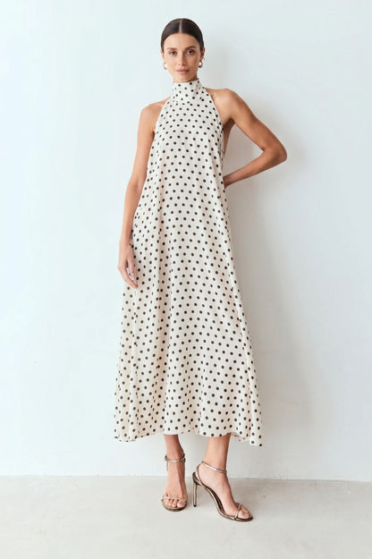 Robe Maxi Dos Nu "Élégance Riviera" – Imprimé à Pois Crème & Chocolat