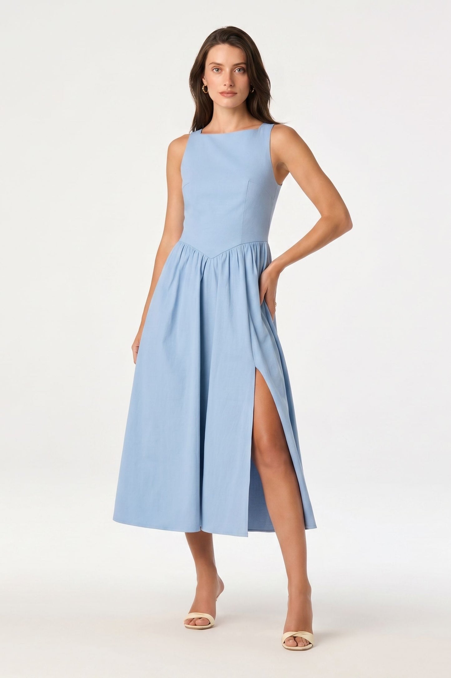 Robe Midi "Azur" Sans Manches – Bleu Ciel