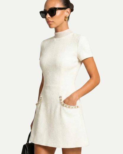 Colette | Sukienka Mini z Ozdobnymi Kryształami w Stylu Tweedowym