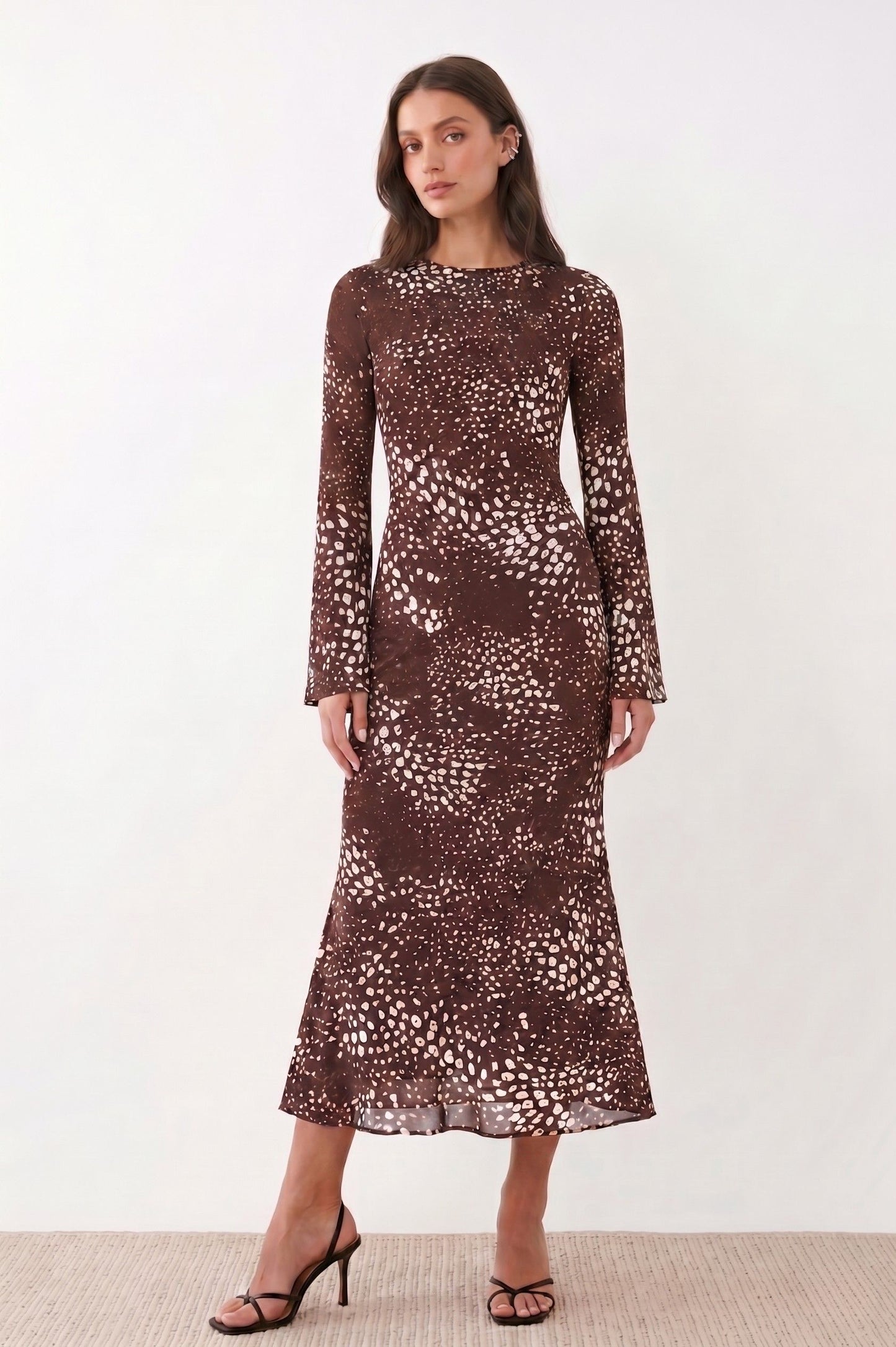 Robe Midi Ajustée Imprimé Tacheté – Marron Chocolat