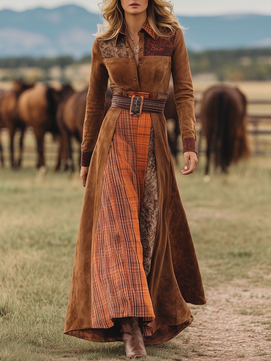 Western Retro Lace-Up Plaid Patchwork Caramel Faux Suede Maxi Dress 