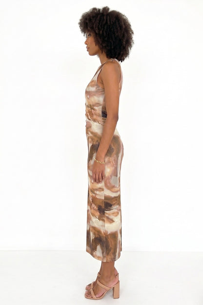 Robe Midi en Tulle "Impression Abstraite" – Tons Terre & Sable