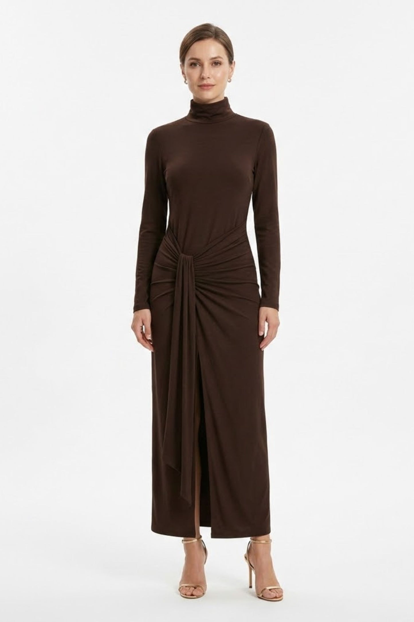 Robe Longue Moulante à Col Montant avec Fronces et Fente Latérale