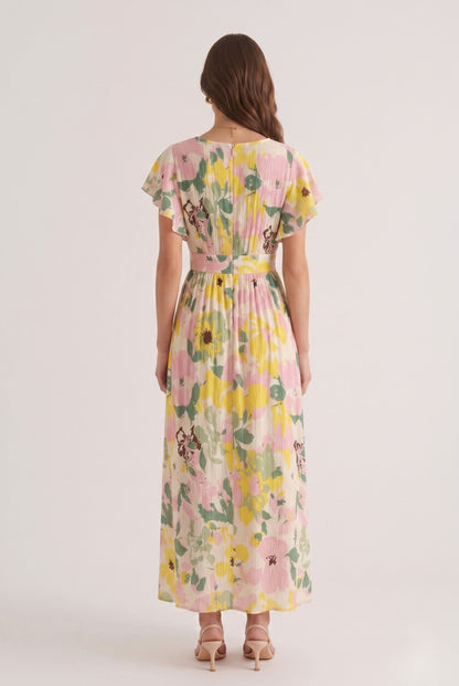 Robe Longue Élégante Plissée à Imprimé Floral Pastel et Col V