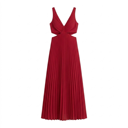 Robe Longue Plissée à Col en V avec Découpes Latérales et Dos Nu
